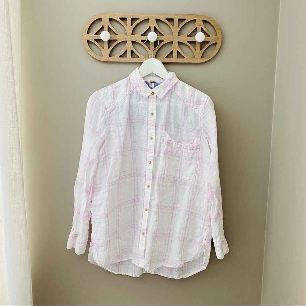 Free People No Limits Plaid Linen Shirt White/Pink Sz XS